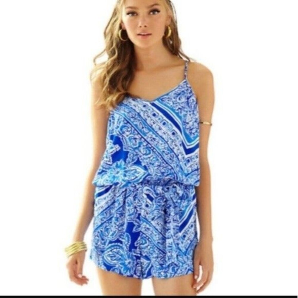 Lilly Pulitzer Size M Belted Dusk Romper Blue Crush Open Water Floral 12671